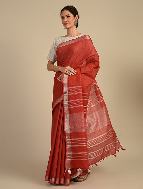 Red Handloom Cotton Linen Saree