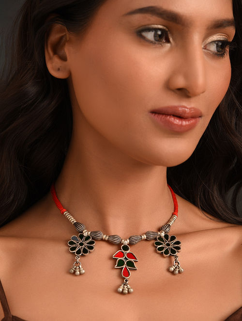 Red Green Tribal Silver Kundan Adjustable Necklace