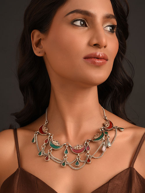 Red Green Tribal Silver Kundan Necklace