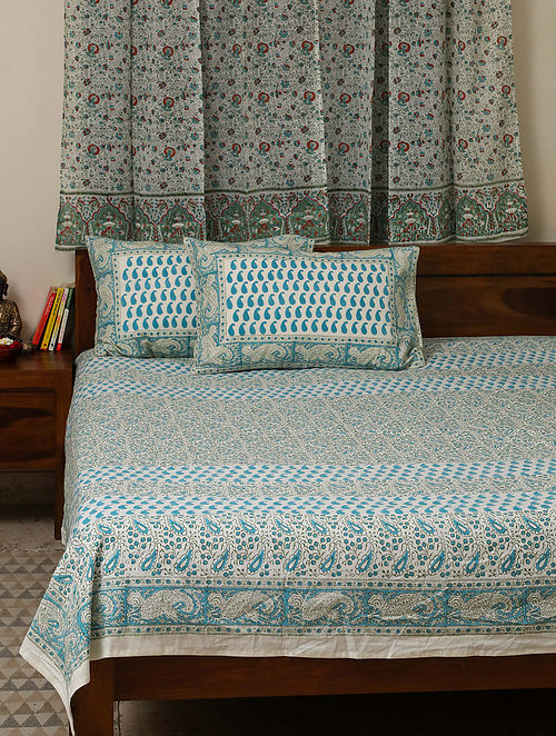 Blue Cotton Floral Ambar Handblock Printed Bedsheet And Pilllow Cover Set (Set Of 3)
