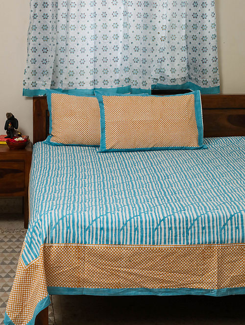 Blue Cotton Dream of Waves Handblock Printed Bedsheet And Pilllow Cover Set (Set Of 3)
