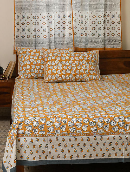 Yellow Cotton Autumn Fall Handblock Printed Bedsheet And Pilllow Cover Set (Set Of 3)