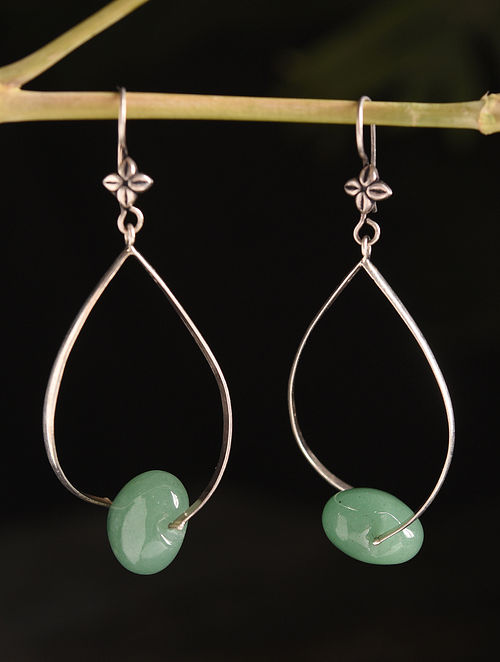 Green Tribal Silver Earrings With Shell Pearl