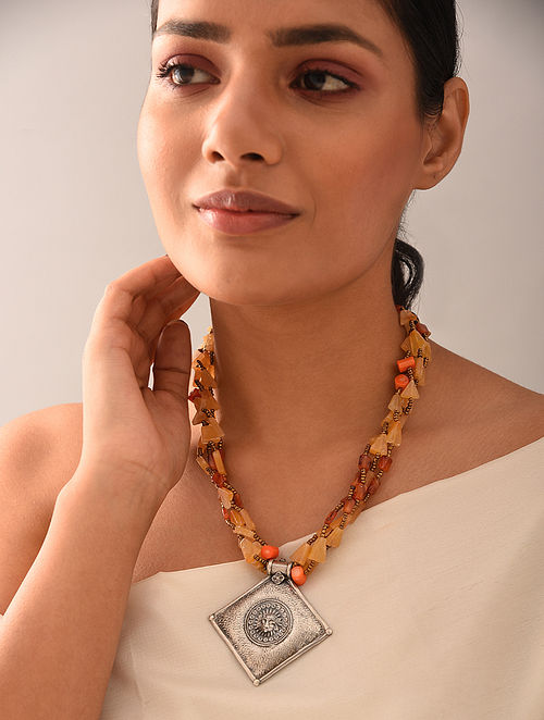 Yellow Orange Tribal Silver Necklace With Onyx And Carnelian