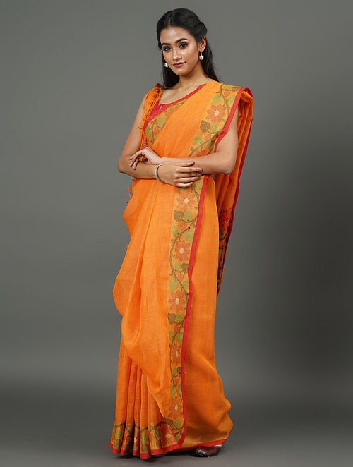 Orange Handwoven Linen Jamdani Saree