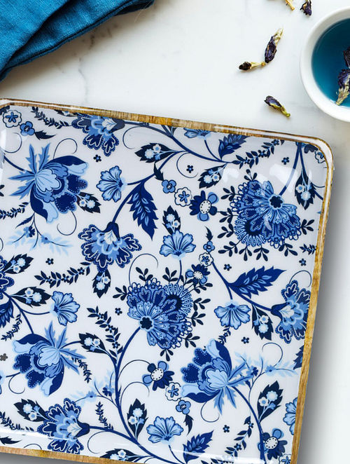 Blue And White Wooden Floral Square Serving Platter