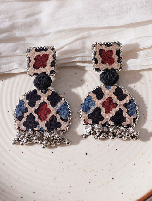 Buy Grey White Upcycled Fabric Earrings Online at