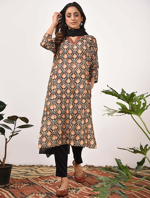 Buy RASHMI - Beige Rust Bagru Printed Silk Cotton Kurta with Khari ...