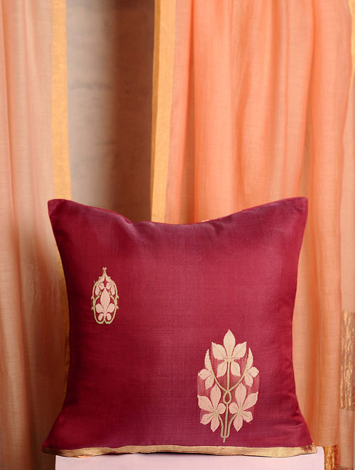 Maroon Handwoven Cotton Chanderi Cushion Cover (16in x 16in)