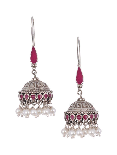 Pink Enameled Silver Earrings with Pearls 