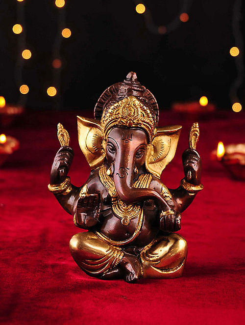 Brass Handcrafted Ganesh Tabletop Accent (L- 2.7in, W- 4.7in, H- 6in)