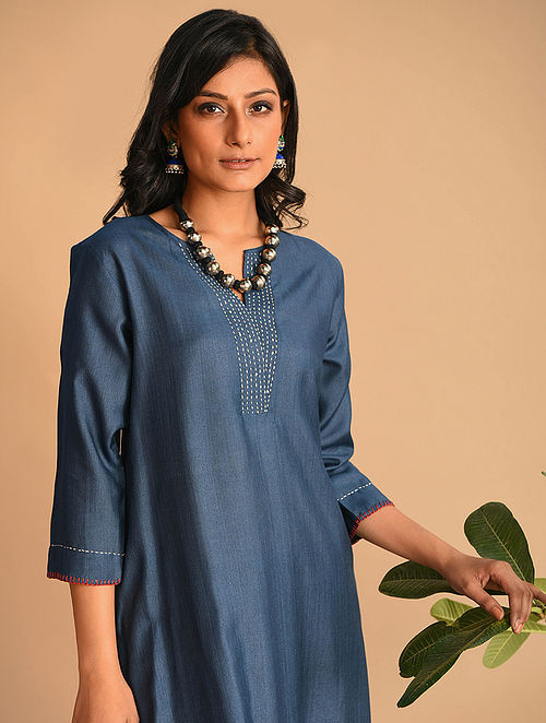 Buy Wasimah - Indigo Tussar Cotton Kurta With Kantha Online at Jaypore.com
