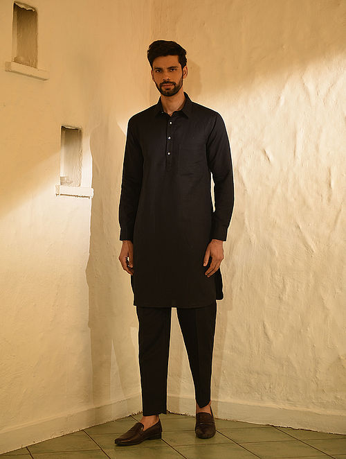 Designer Black Pathani Lenin Kurta with Pants for a Royal look by TREE   Yard of Deals