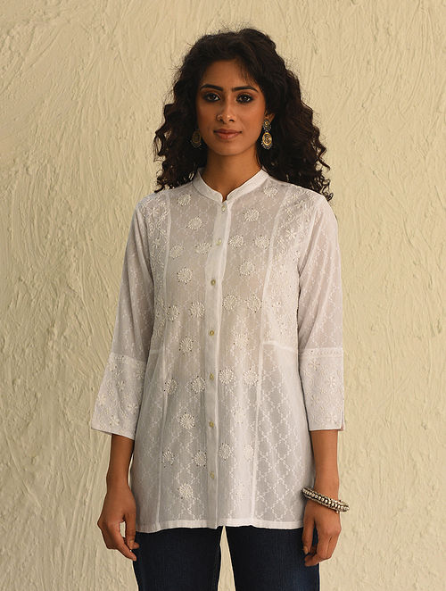 Buy White Chikankari Cotton Short Kurta with Mukaish Online at Jaypore.com