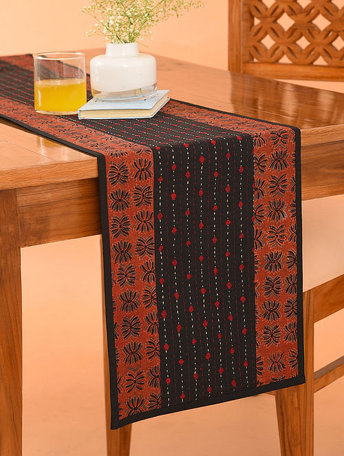 Multicolor Cotton Gudri Embroidered Ajrakh Printed Table Runner (L - 70in, W - 13in)