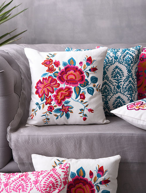 Multicolor Embroidered Cotton Cushion Cover (L-16in, W-16in)