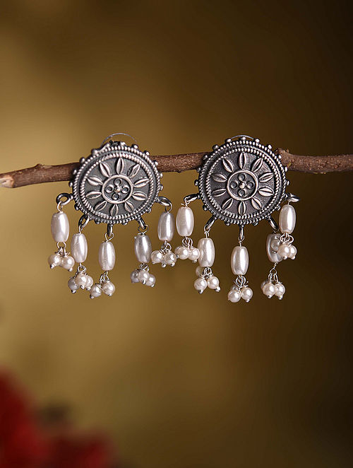 Silver Tone Tribal Earrings With Pearls