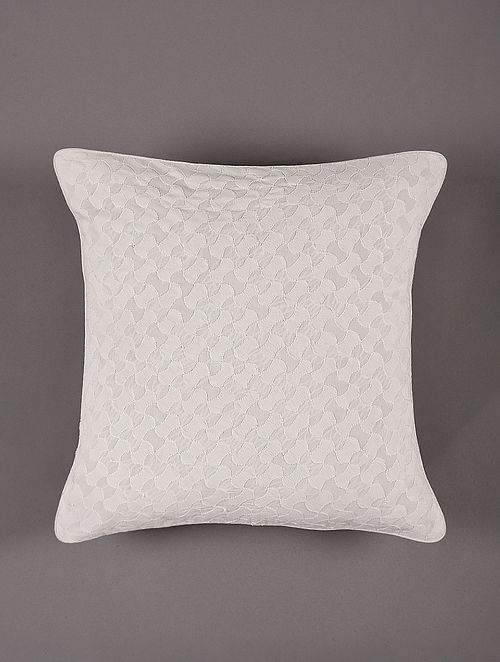 Hand Embroidered Chikankari White Cotton Cushion Cover (L - 16in,W - 16in)