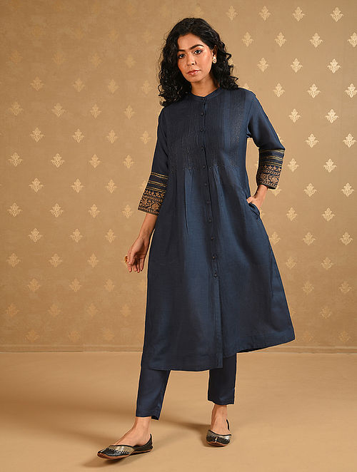 Blue Viscose Linen Embroidered Kurta with Kiran Dori Work