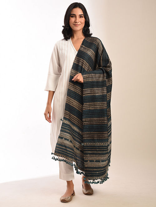 Blue-Beige Handwoven Bhujodi Striped Wool Shawl