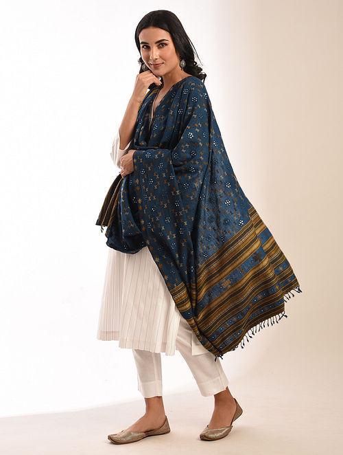 Buy Blue Handwoven Bhujodi Wool Shawl with Mirror Work Online at ...
