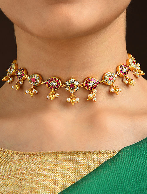 Pink White Gold Tone Silver Necklace with Kundan and Kempstone