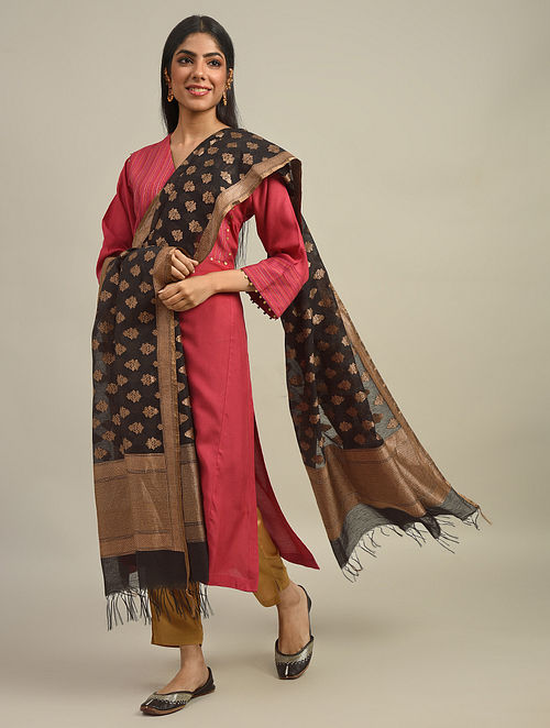 Black Benarasi Handwoven Cotton Silk Dupatta With Zari