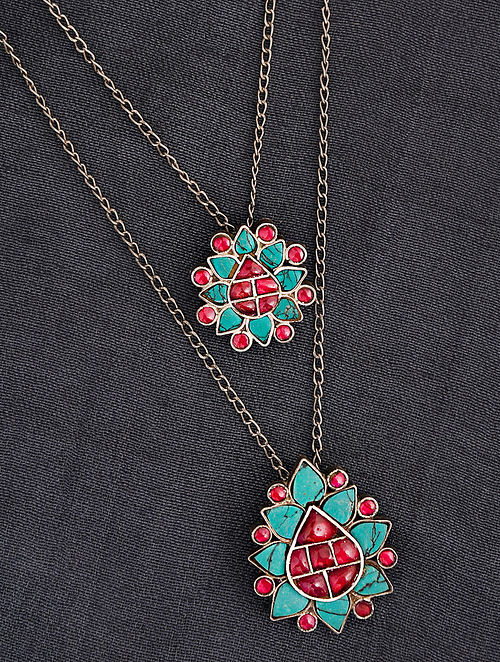 Pink Blue Tribal Silver Necklace
