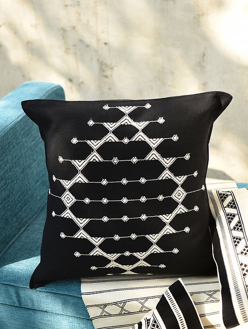 Black and White Handwoven Kasida Cushion Cover (L- 16in, Width - 16in)