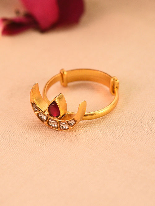 Red Gold Tone Silver Ring with Kundan and Kempstone