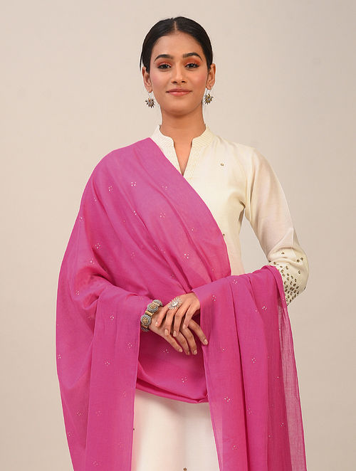 Coral Pink Handloom Cotton Dupatta with Mukaish