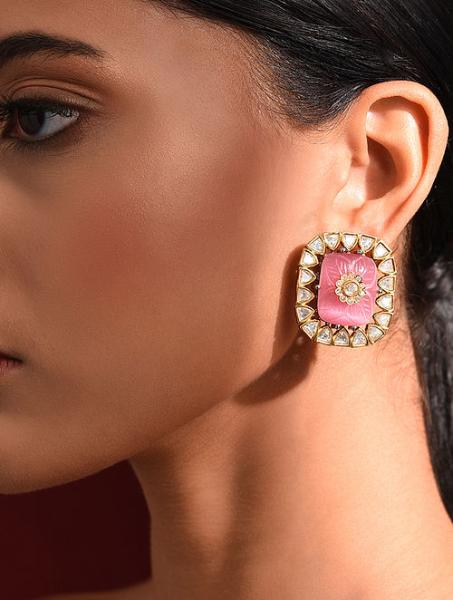 Pink Gold Tone Kundan Earrings