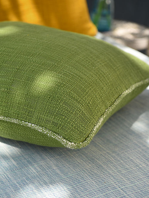 Green Woven Handloom Cotton Cushion Cover (L-16in, W-16in)