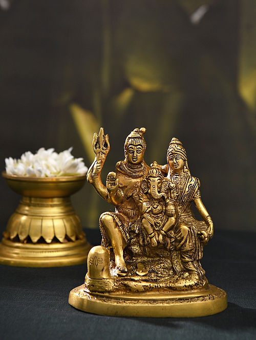 Brass Handcrafted Shiva Parvati And Ganesh (L-2.6in, W-5in, H-5.6in) 