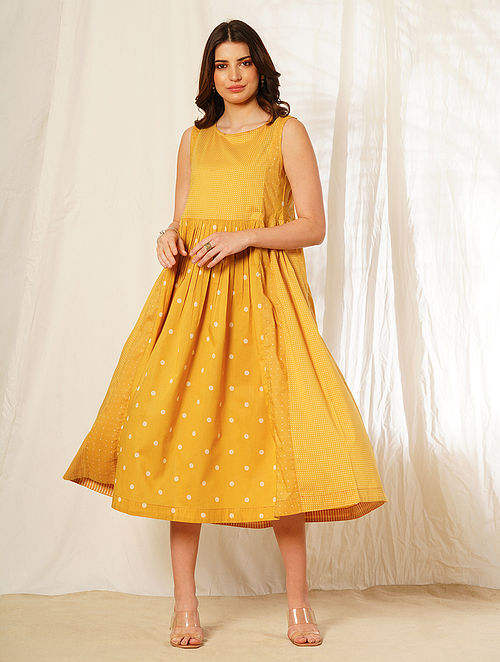 Mustard Discharge Print Cut Sleeves Cotton Dress with Gathers
