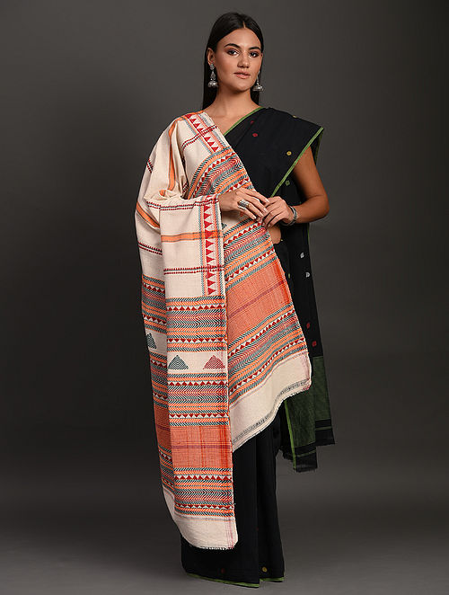 Beige Handwoven and Hand Embroidered Dongria Cotton Shawl