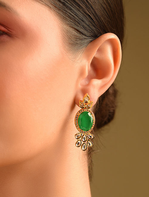Old School gold Stud earrings Green Stone