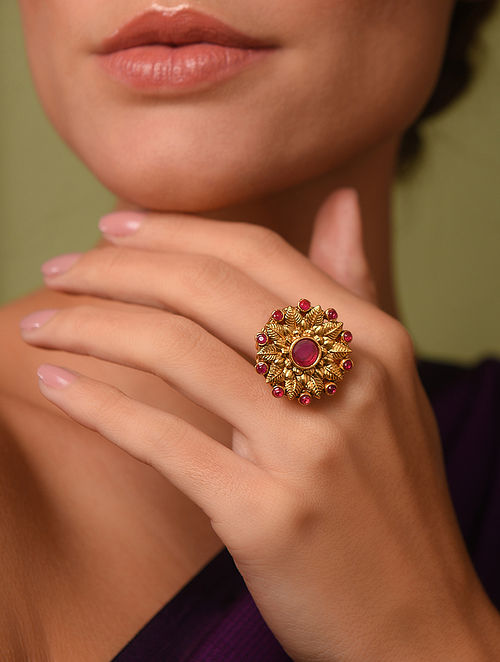 Red Gold Tone Temple Ring