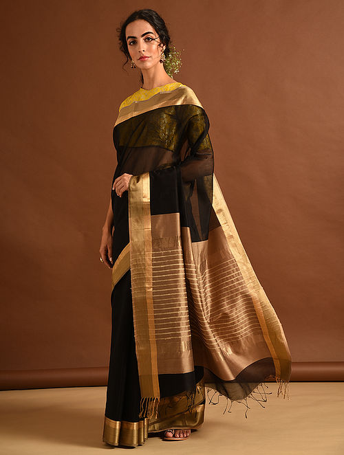 Black Handloom Maheshwari Silk Cotton Saree