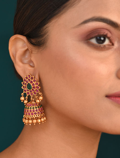 Pink Green Gold Tone Temple Jhumki Earrings 
