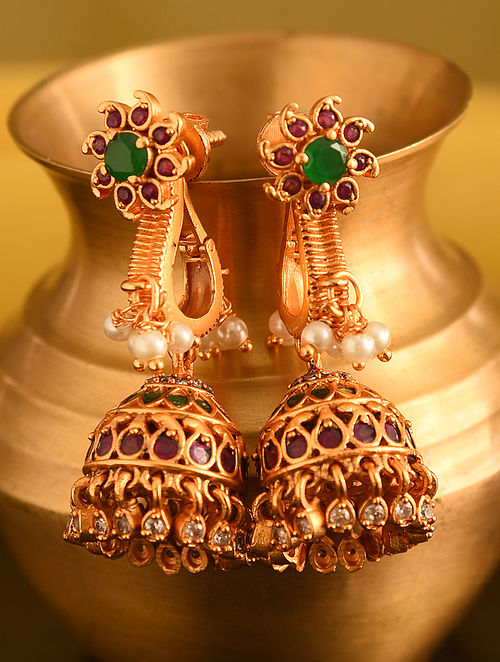 Pink Green Gold Tone Temple Earrings