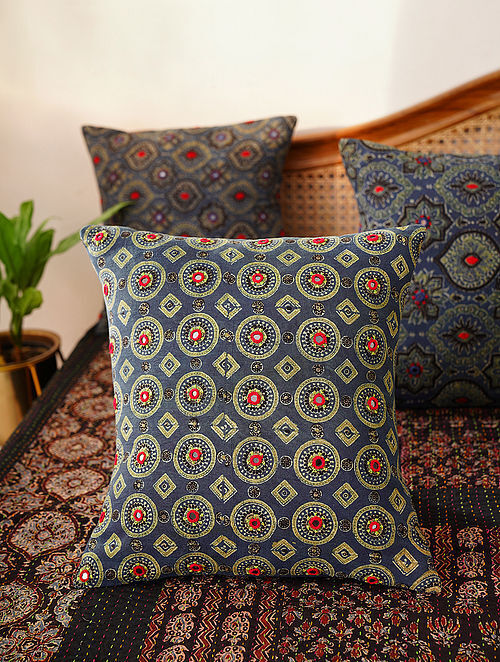 Handcrafted Ajrakh Mirrorwork Cushion Cover