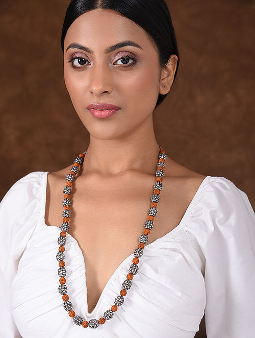 Brown Tribal Silver Necklace with Rudraksha