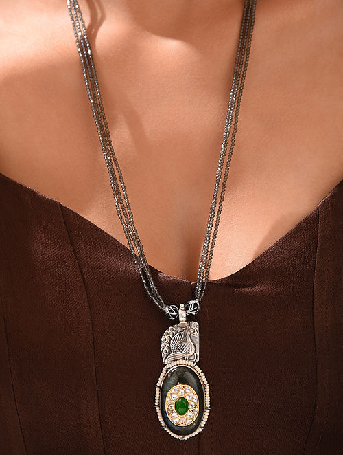 Labradorite Dual Tone Tribal Silver Necklace with Emerald and Smoky Quartz