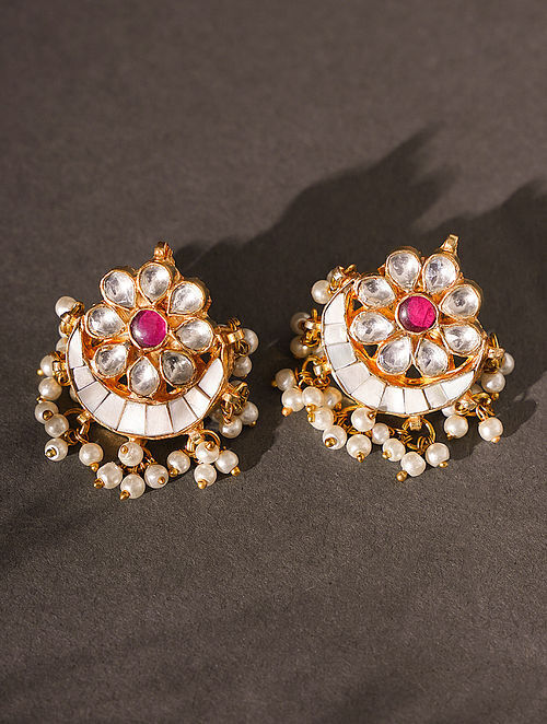 Pink Gold Tone Pachi Kundan Earrings With Mother of Pearls