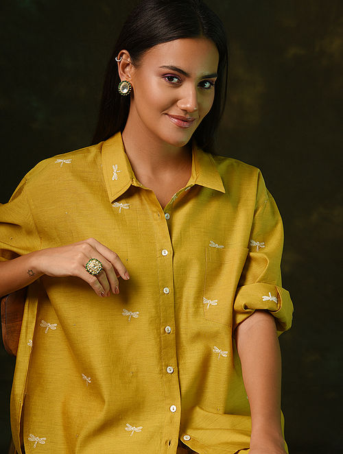 Mustard Embroidered Silk Cotton Shirt with Slip