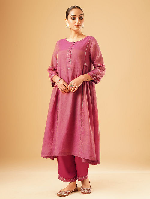 Buy Red Hand Embroidered Tissue Chanderi Kurta With Slip Online at ...