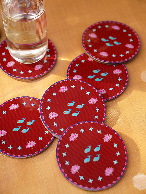 Ganjifa Inspired Maroon Red Coasters (Set Of 6)