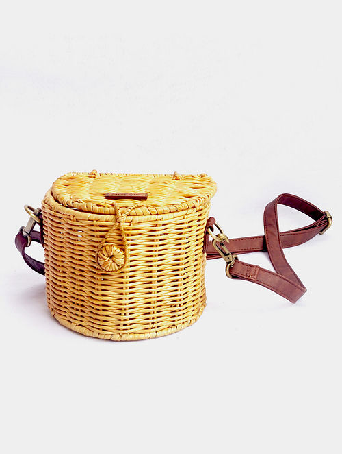Beige Handcrafted Cane Sling Bag