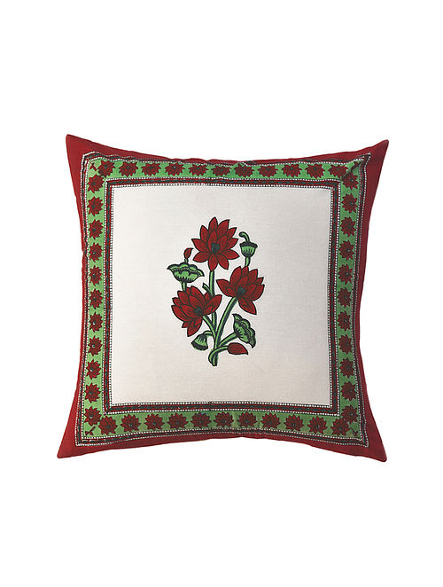 Maroon and Green Hand Block-Printed Cotton Cushion